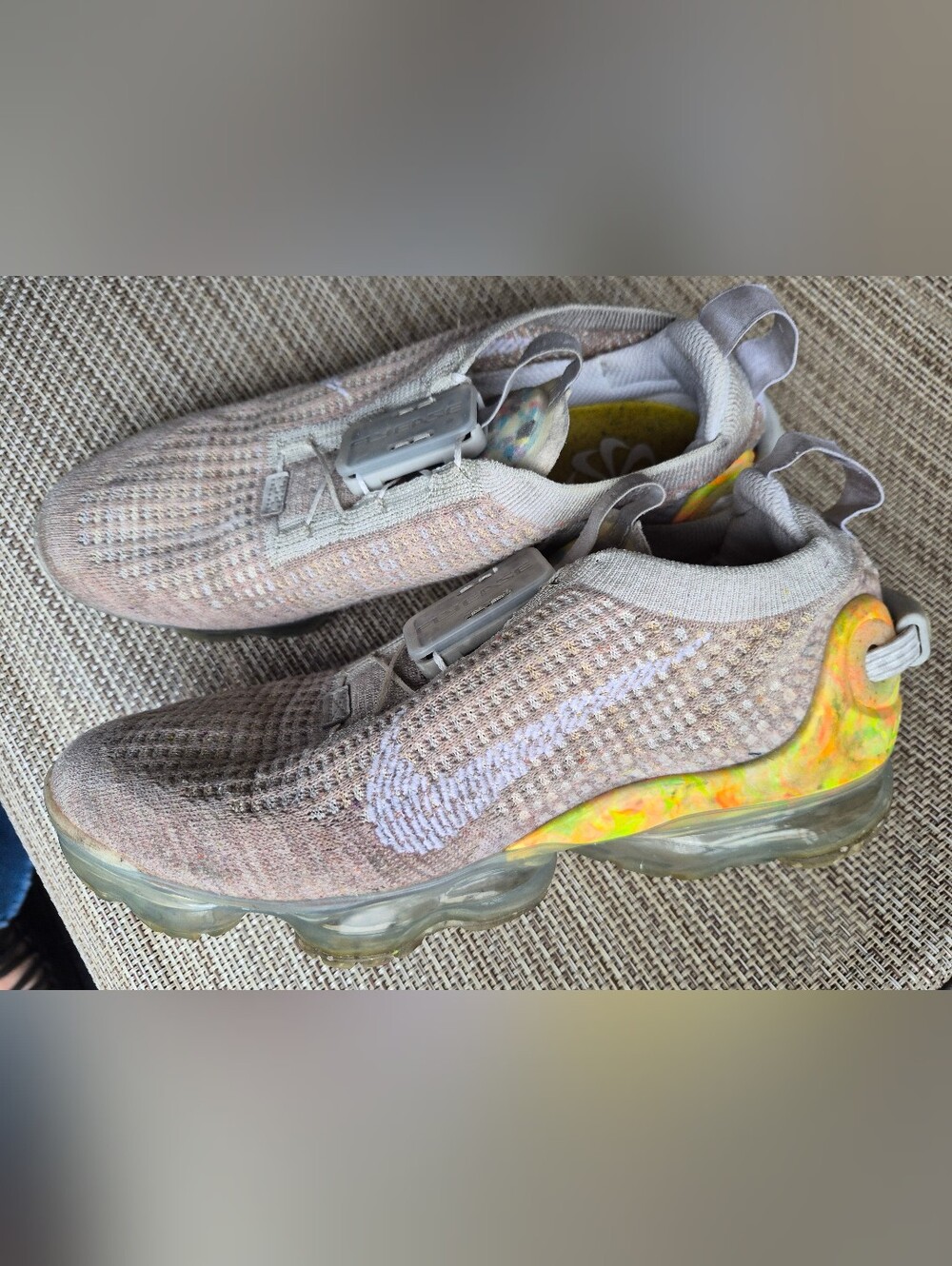 Nike Flyknit VaporMax Sneakers in Beige with White Swoosh and Multicolor Sole